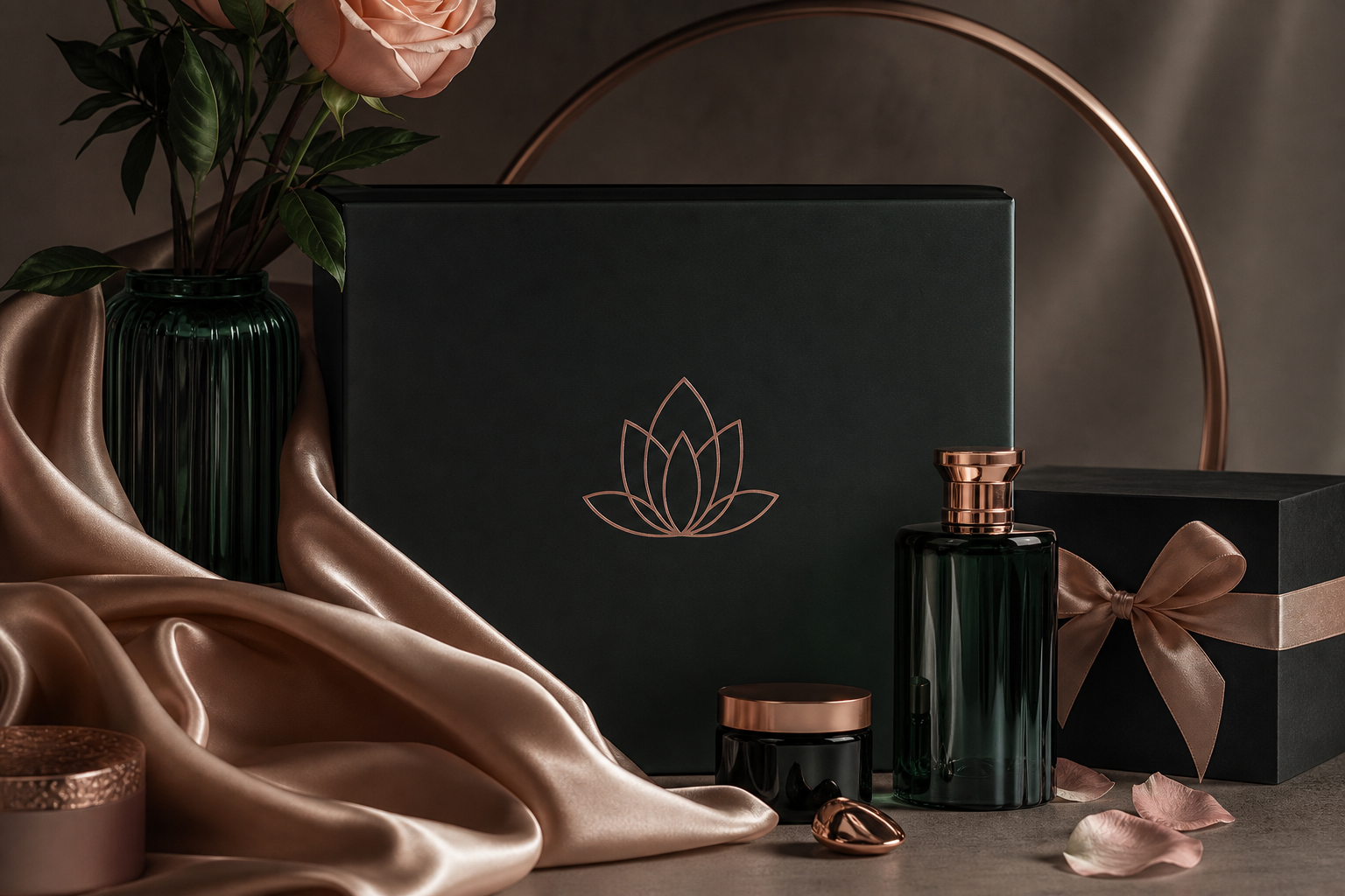 Elegant discreet wellness packaging styled with premium fabrics and warm boutique lighting